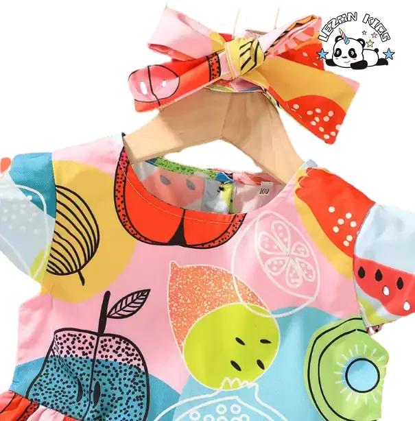 LEZONKIDS - Custom Summer Kids Clothing Fruit Print Casual Dress Girls Breathable Knee-Length Mini Design School Party Toddlers Dress
